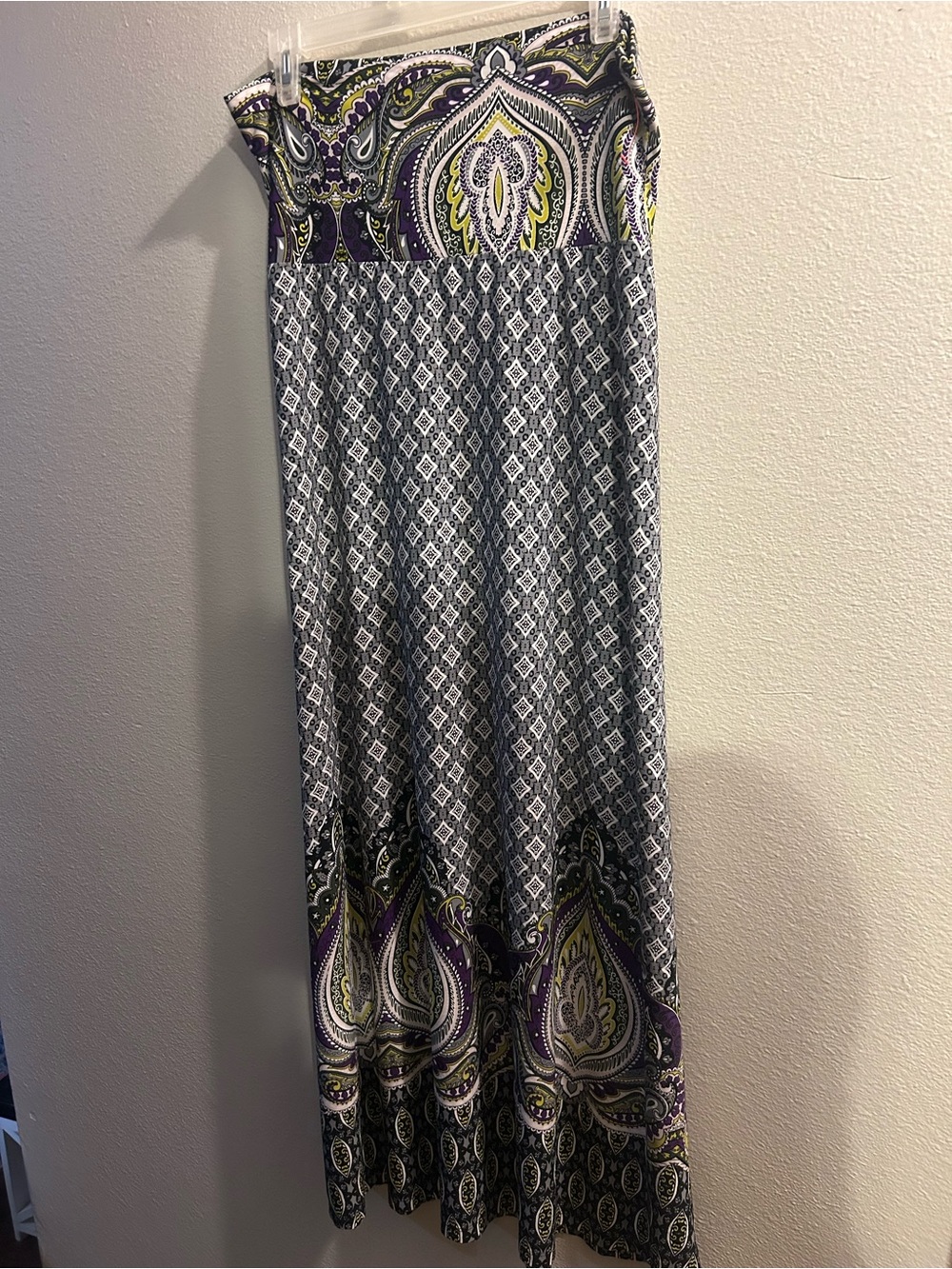 Cato Maxi Skirt in Purple, Olive, and Gray Paisley